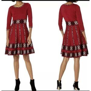 Taylor sz L Jacquard Sweater Dress Fit & Flare CUTE Red Floral Holiday NWT Knit‎